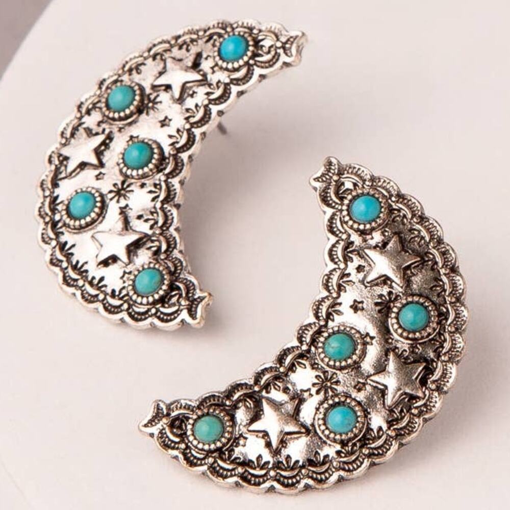 Western Star Patterned Crescent Moon Earrings | Turquoise